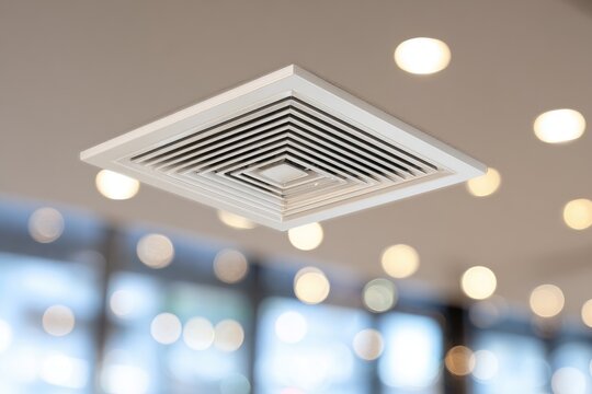 Close-up of a square ceiling air vent, surrounded by recessed lights and blurred background