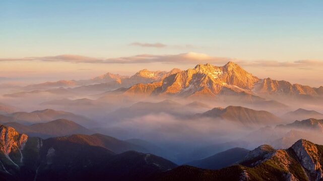 Majestic mountain peaks rising above rolling clouds at sunrise mountains landscape nature mist fog