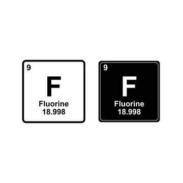 Two periodic table squares for Fluorine, one white with black text, the other black with white text, displaying atomic number 9, symbol F, and atomic mass 18.998.