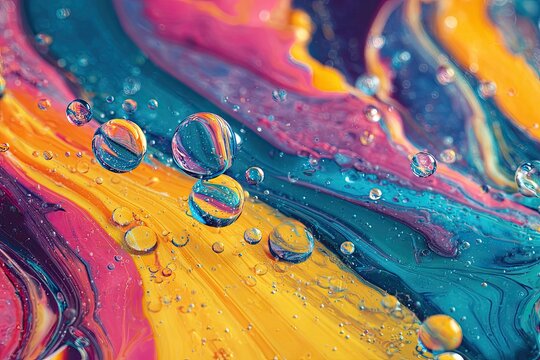 Macro shot of vibrant, swirling liquid colors with translucent spheres creating a dynamic composition
