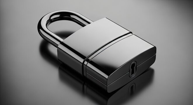 Black metallic smart lock on reflective surface.