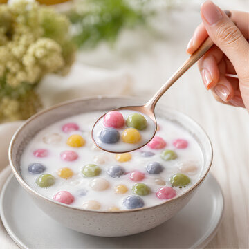 Traditional Thai Bua Loy Colorful Rice Balls in Coconut Milk Dessert