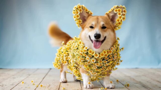 Slow motion tracking shot of corgi dog walking forward wearing daisy floral costume on wooden studio floor with blue backdrop, playful spring pet portrait concept