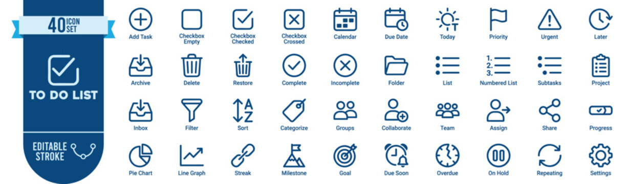 To Do List. 40 icons flat line design set featuring checklist, calendar, due date, priority, task management and progress tracking symbols isolated with editable strokes for productivity app projects.
