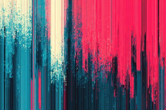 Vertical lines abstract art in cyan, pink, and cream, with a pixelated digital art look