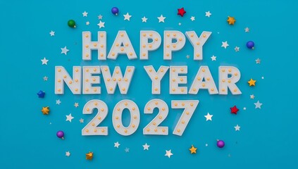 Fototapeta premium Celebration of New Year 2027 With Bright Letters and Colorful Decorations on a Blue Background
