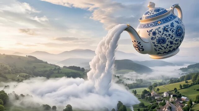 Aerial tracking shot of floating porcelain teapot pouring billowing clouds over rural valley village at sunrise, serene mist filling rolling hills