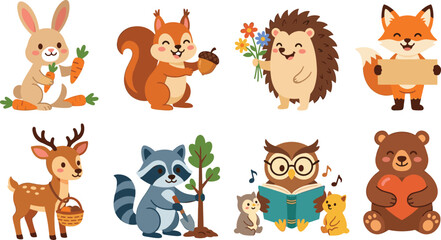 Naklejka premium Cute Woodland Animal Collection Featuring Rabbit, Squirrel, Hedgehog, Fox, Deer, Raccoon, Owl, and Bear Engaged in Nature and Friendship Activities for Children and Education Design Concepts