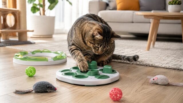 Tabby cat plays with a green puzzle feeder and toys on the floor in a bright living room