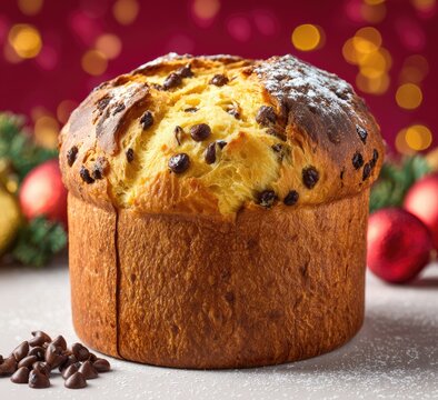 Fluffy, golden-brown dessert, studded with chocolate chips, dusted with powdered sugar, holiday theme
