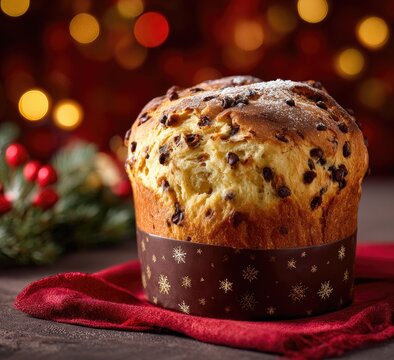 A baked Italian dessert, topped with chocolate chips, sits on a red cloth. Soft bokeh in background