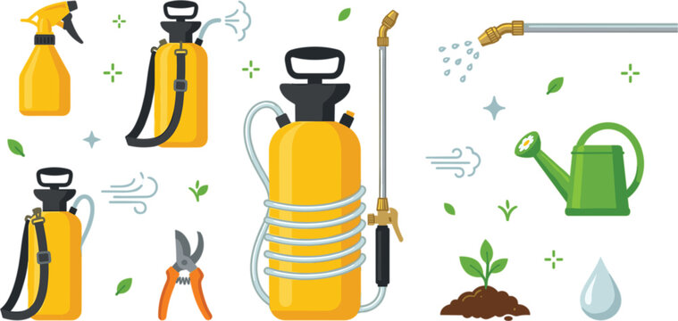 Agricultural chemical pressure sprayer vector collection featuring yellow garden pump sprayers watering can pruner and plant seedling