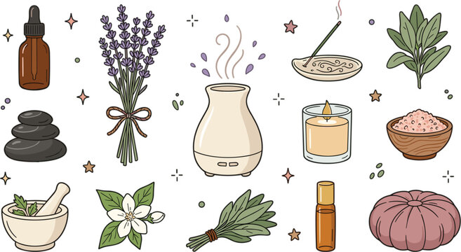 Aromatherapy and spa wellness vector collection featuring oil diffuser lavender bouquet glass candle incense and relaxation elements