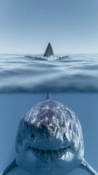 Over-under split shot of a dark shark fin slicing through calm water, small V-shaped wake trailing, bright sky above, cinematic and dramatic marine composition with tension and clarity