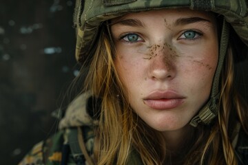 Fototapeta premium Close up of a focused female soldier in military gear