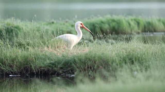 Tracking shot of white ibis walking and foraging along marsh shoreline and shallow lake edge at dawn in calm green wetland habitat