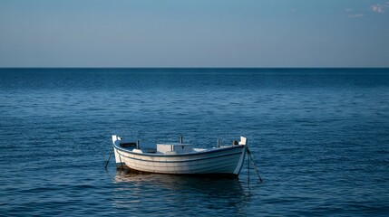 Naklejka premium A small white wooden boat floats alone on calm blue sea under clear sky with gentle ripples and distant horizon