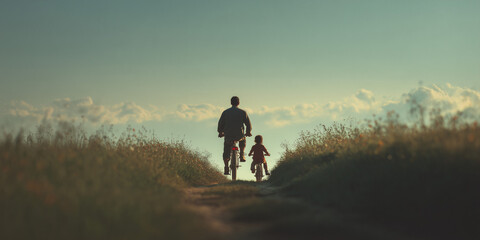 Fototapeta premium Father and son cycling together on a path towards the sunset, embracing a moment of connection and outdoor adventure.