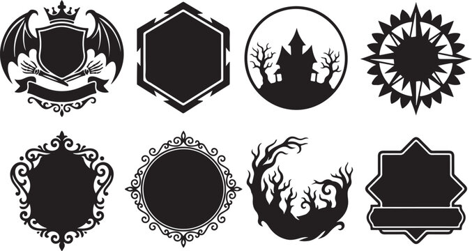 Halloween ornamental frames and emblems bat shield hexagon circle tree skull.