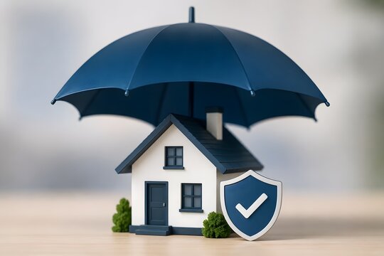 A small house protected by a blue umbrella and a shield for the concept of home insurance and safety.