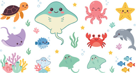 Cute cartoon sea animals vector collection featuring happy stingray turtle octopus dolphin crab starfish and ocean coral reef elements © Rukhsana