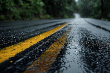 Naklejka premium Close up of wet road with yellow line during rainfall