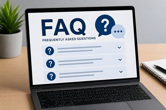 FAQ page on a laptop screen for the concept of frequently asked questions and customer support.