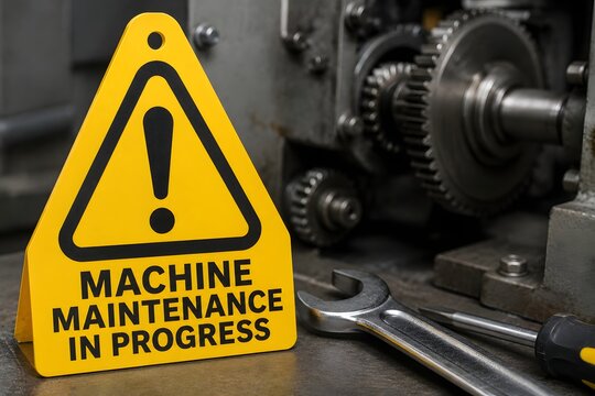 Machine maintenance warning sign in front of industrial gears and tools for the concept of industrial repair and service.