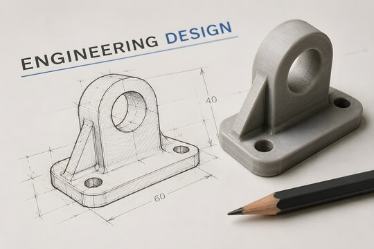 Engineering design with a technical drawing and a physical prototype.