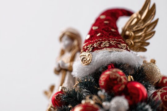 Festive holiday decor featuring angel figurine and Christmas ornaments, against a bright background