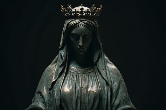 Close-up of a sculpted, regal figure with crown and draped garment against a dark backdrop