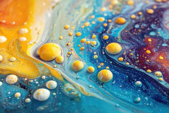 Close-up abstract view of liquid merging, featuring vibrant yellow, blue, and orange tones