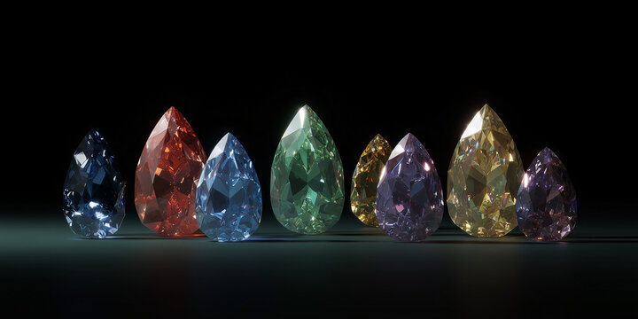A collection of vibrant, teardrop-shaped gemstones glistening under dramatic lighting. The gems display a spectrum of rich colors, from deep blue and red to green, purple, and yellow.