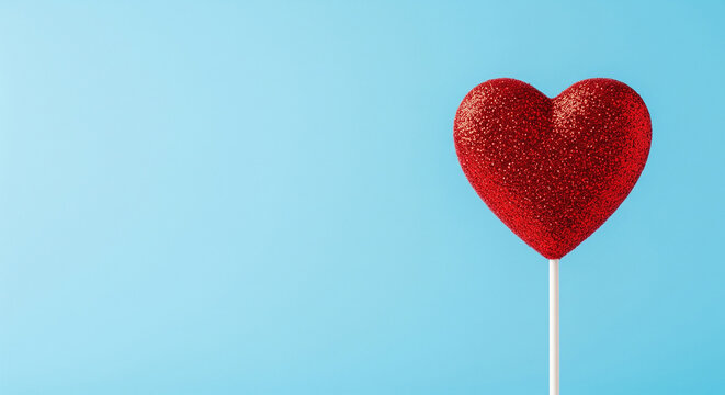 Glittering red heart lollipop isolated on a vibrant blue background, perfect for sweet love romantic greetings and minimal design concepts