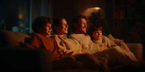 Fototapeta premium A family of four, two parents and two children, sitting on a couch at night and watching something on television. They are all smiling and appear engaged with the screen