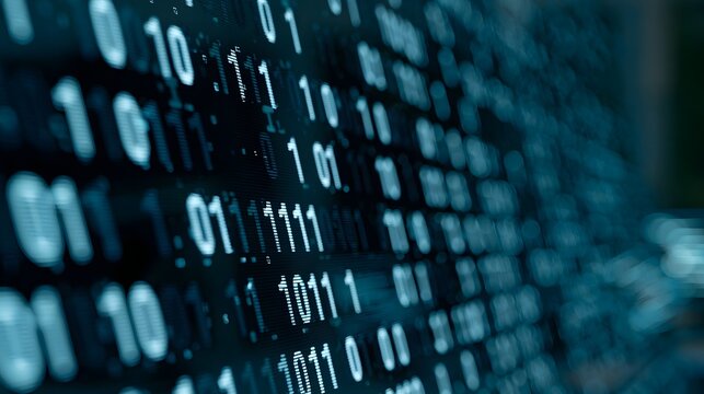 A close up view of glowing binary digits scrolling across a dark digital screen surface under cool blue lighting