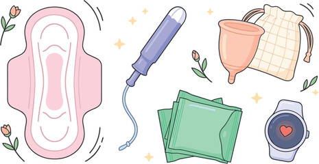Menstrual hygiene products flat vector illustration set featuring sanitary pad tampon menstrual cup tracker watch and liners © Rukhsana
