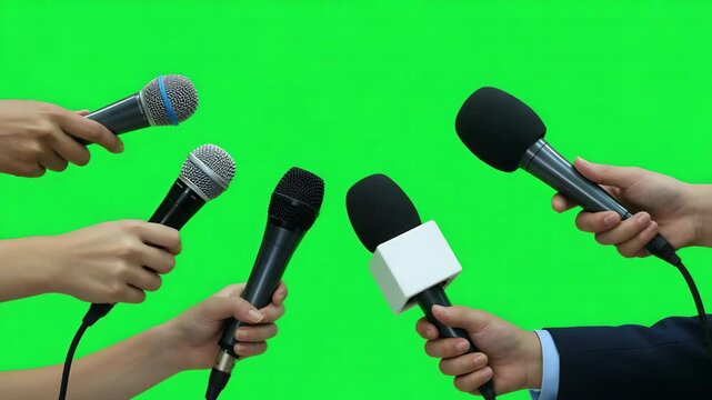 Hands holding various microphones against a bright green screen background for news interviews and public speaking events 4k video