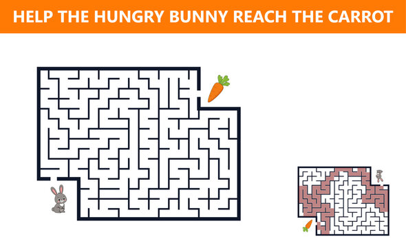 Rabbit and carrot rectangular maze game for kids with answer key included, perfect for Easter holiday activity books, and spring season printable worksheets