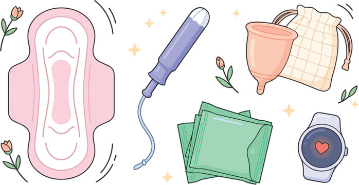 Menstrual hygiene products flat vector illustration set featuring sanitary pad tampon menstrual cup tracker watch and liners