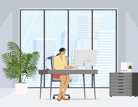 A woman working on a laptop. Office workspace. View of high-rise buildings. Vector illustration 