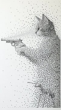 Millions of ants, arranged in fractal-inspired patterns, forming two cats holding handguns, surreal and intricate composition, blending natural detail with fantastical and cinematic style.