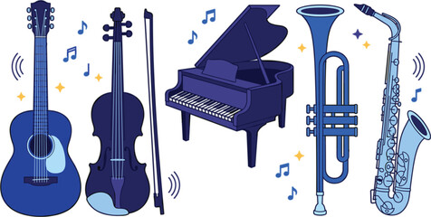 Musical instruments vector illustration set featuring acoustic guitar violin grand piano trumpet and saxophone in blue colors © Rukhsana