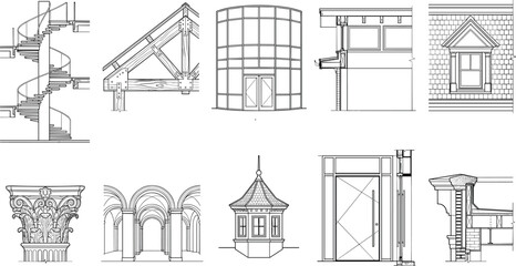 Fototapeta premium Architectural Detail Outline Vector Collection with Structural Elements for CAD and Building Design