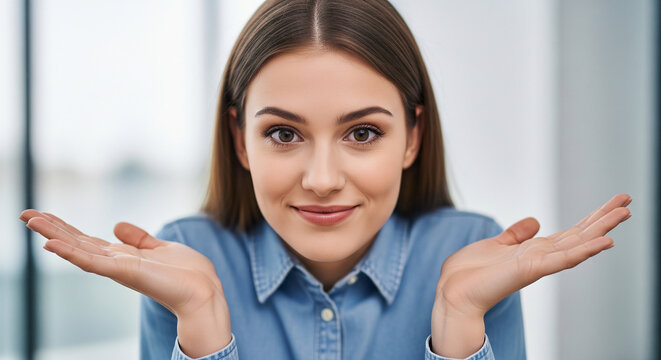 Puzzled young woman with open hands shrugging her shoulders in a bright room, perfect for expressing uncertainty confusion and lack of knowledge concepts
