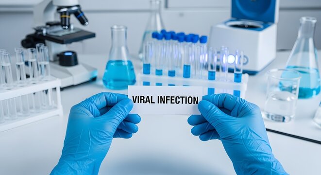 Hands in blue gloves holding a sign that says VIRAL INFECTION in a laboratory setting for the concept of scientific research and disease.