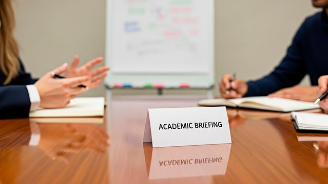 People in a meeting with a sign that says ACADEMIC BRIEFING for the concept of education and collaboration.