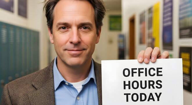 A man holding an office hours sign, representing business and education.