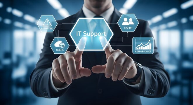 A man in a suit touching a screen with IT Support on it, surrounded by icons, for the concept of technology and business.