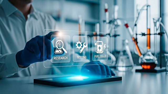 Scientist examining futuristic holographic interface for scientific research in a laboratory setting.